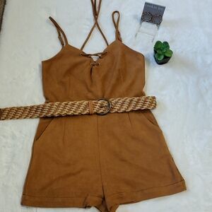 "HOLOGRAM" TAN FAUX SUEDE ROMPER!
